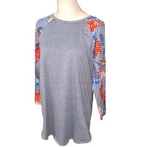 Lularoe Sz XL Gray Feather Floral Print Tunic T Shirt Randy 3/4 Sleeve EUC